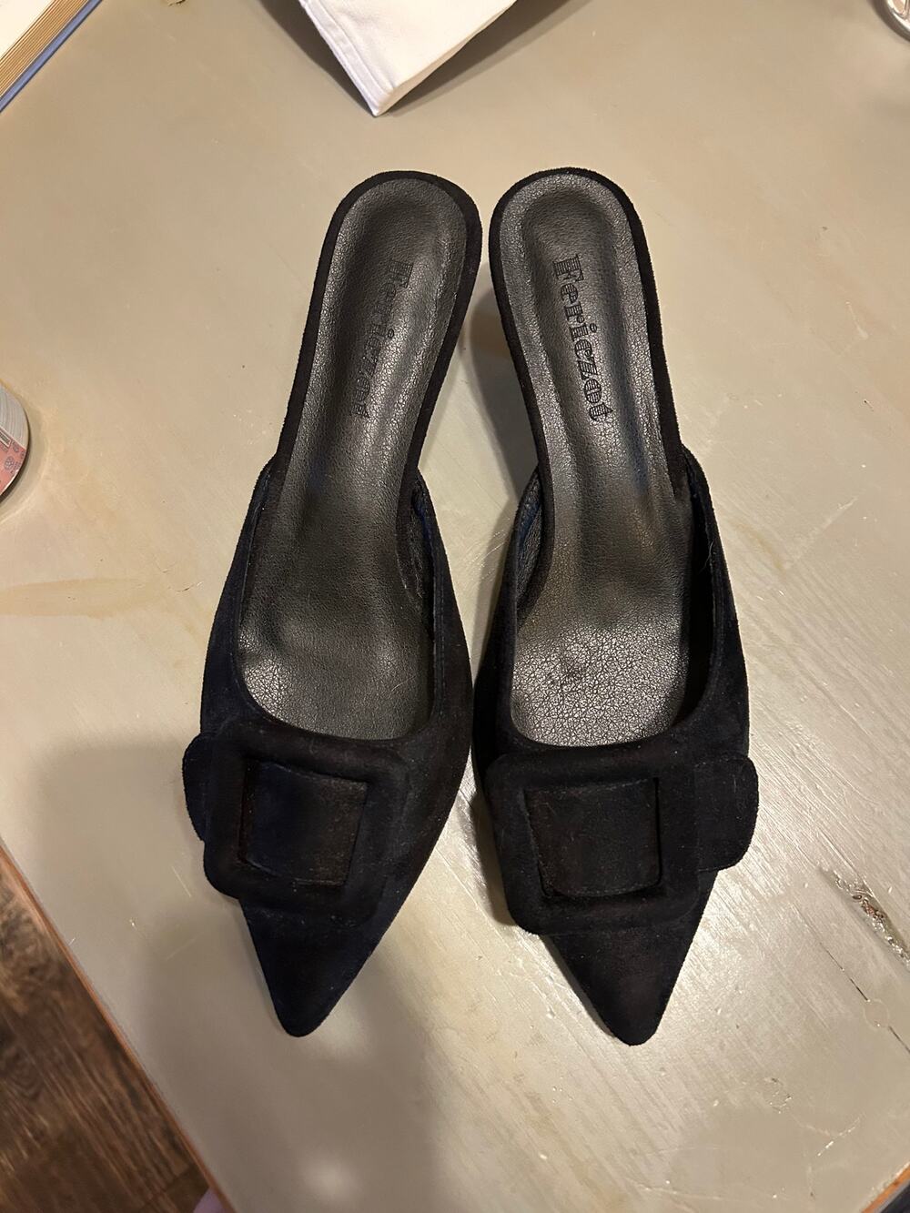 Black Faux Suede Kitten Mule Heels Size 10 NWOT